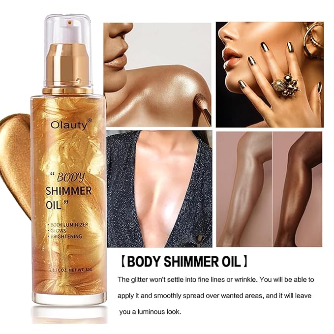 Shimmer Body Oil,Face and Body Liquid Luminizer,Waterproof Moisturizing Light Shimmer Glow Illuminator,Smooth Body Shimmer,Liquid Highlighter Makeup ((Gold)