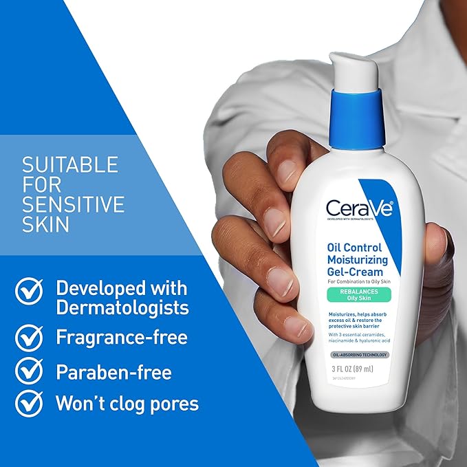 CeraVe Oil Control Moisturizing Gel-Cream, Face Moisturizer for Oily Skin, Niacinamide, Hyaluronic Acid & Oil Absorbing Technology To Rebalance Oily Skin, Non-Comedogenic, Fragrance Free & Oil-Free