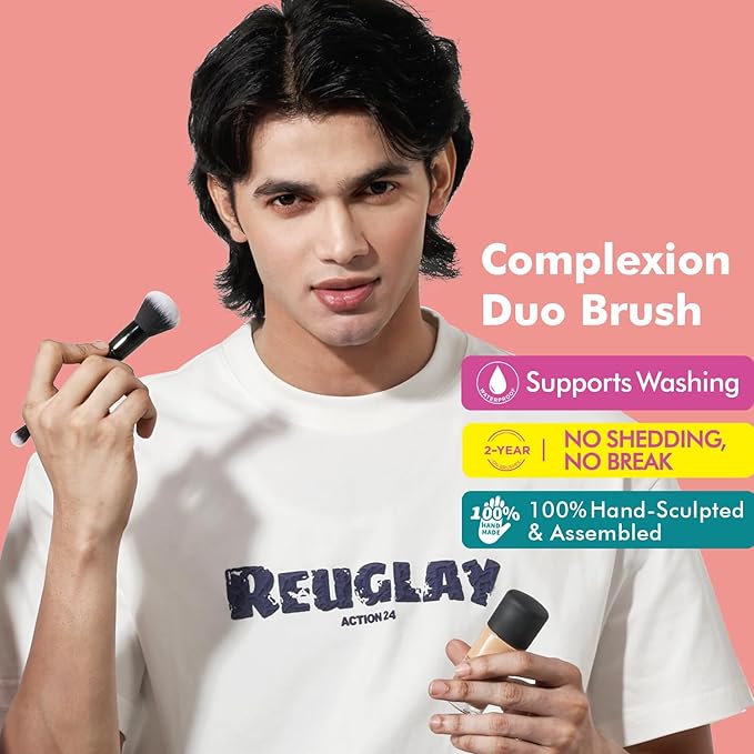 Bueart Design Complexion Duo Brush and Liquid & Bronzer Contour Makeup brushes set with ultra-soft dense hair Double-ended for Foundation Liquid Cream Concealer,Vegan and Cruelty-Free,M18