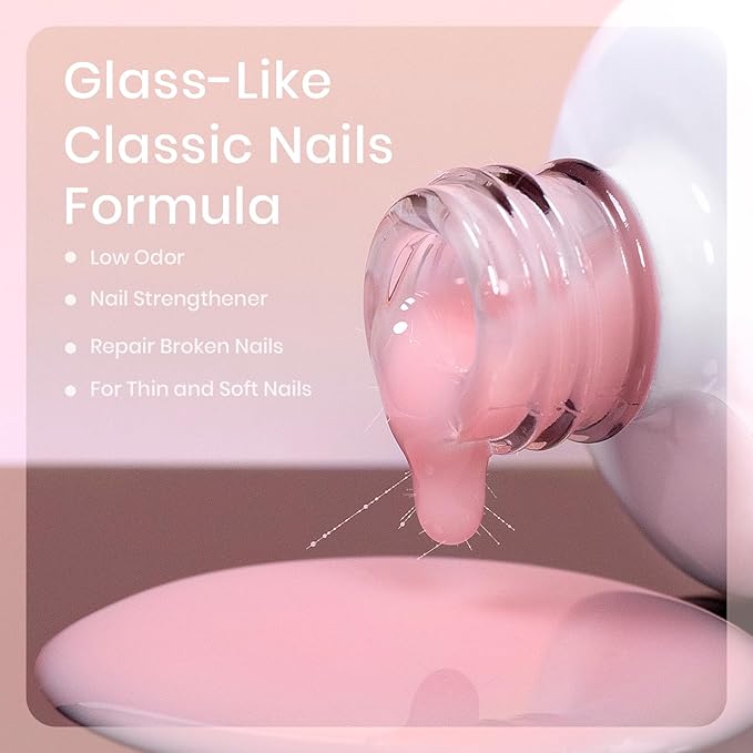 RARJSM Nude Sheer Pink Fiber Glass Rubber Base Gel Nail Polish for Repair Broken Nails StrengthenerGel Base Coat Transparent Brush on Building Gel in a Bottle Soak Off UV LED Curing Requires 15ml