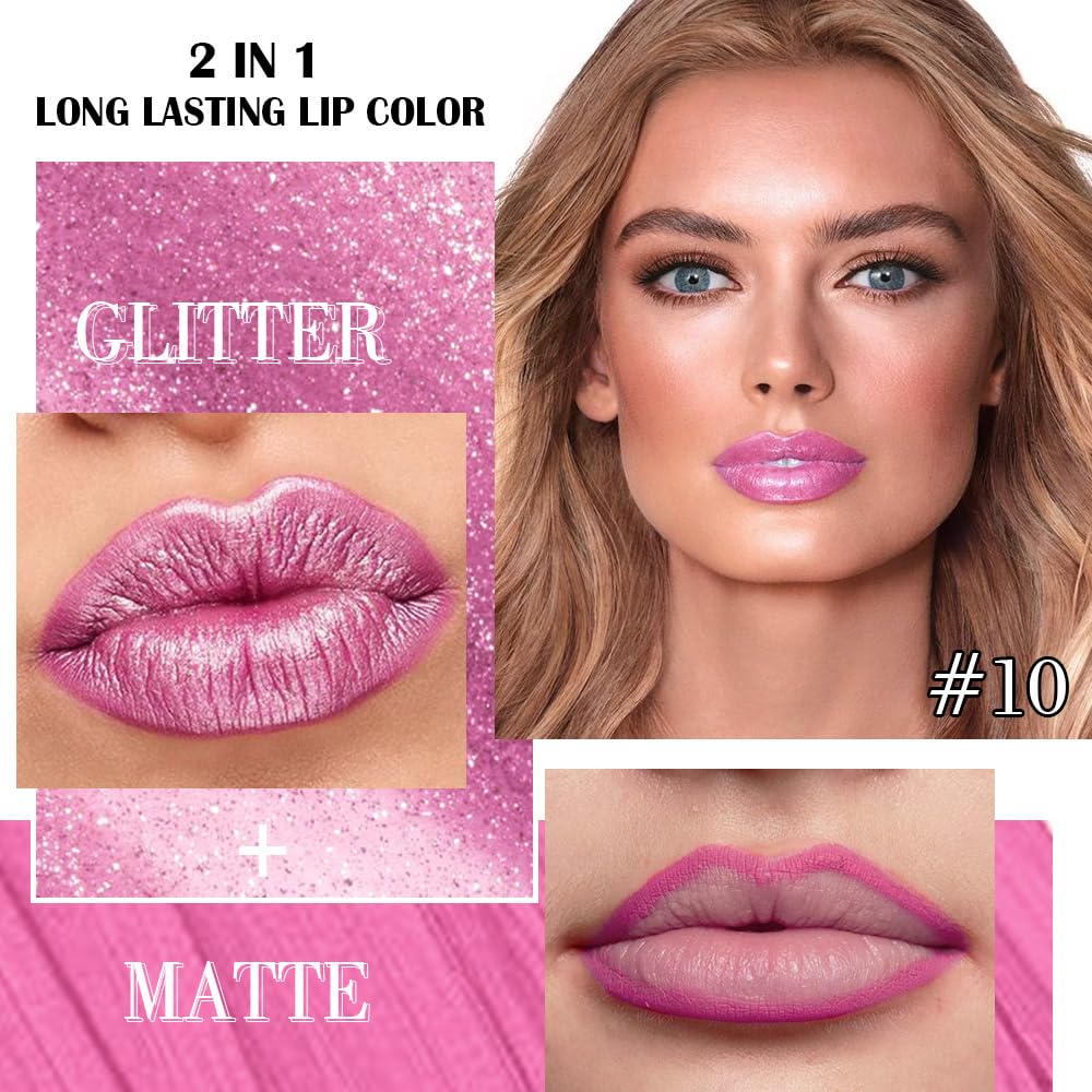 Kaely 2-in-1 Light Rose Pink Metallic Lipstick and Lip Liner, Shimmer Liquid Metallic Lipsticks for Women, Glitter Lip Gloss Stain Long Lasting Waterproof Smudge Proof 24 Hour, Vegan Makeup, 10