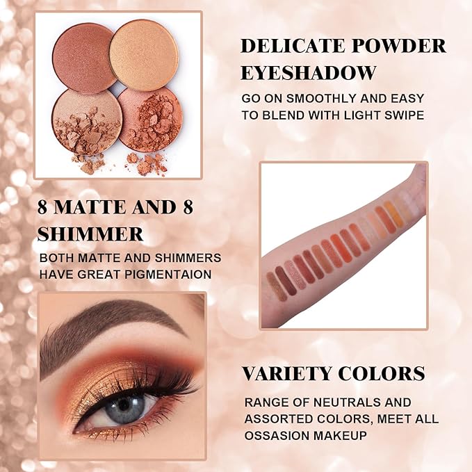 Rechoo 16 Colors Eyeshadow Make-up Palette Neked, Nude Brown Color Matte Shimmer Eye Shadow, High-Pigmented Eyeshadow Neutral, Long-lasting Powder Eyeshadow Palette for Daily and Smokey Make-up