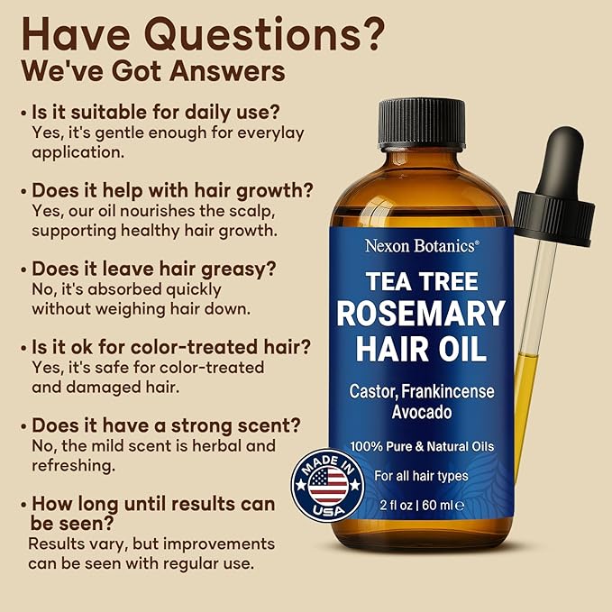 Tea Tree Rosemary Oil for Hair Growth 2 fl oz - Scalp Treatment with Castor, Frankincense & Avocado Oils - For Dry, Damaged Hair - Nexon Botanics