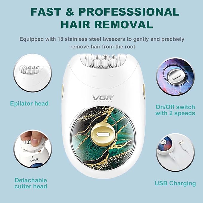 VGR 706 Professional Epilator for Women,Portable Cordless Smooth Glide Hair Removal Device for Legs, Underarm, Back,Full-Body Epilator with 18 Tweezers System, 2 Speeds Hair Removal with Silent Design