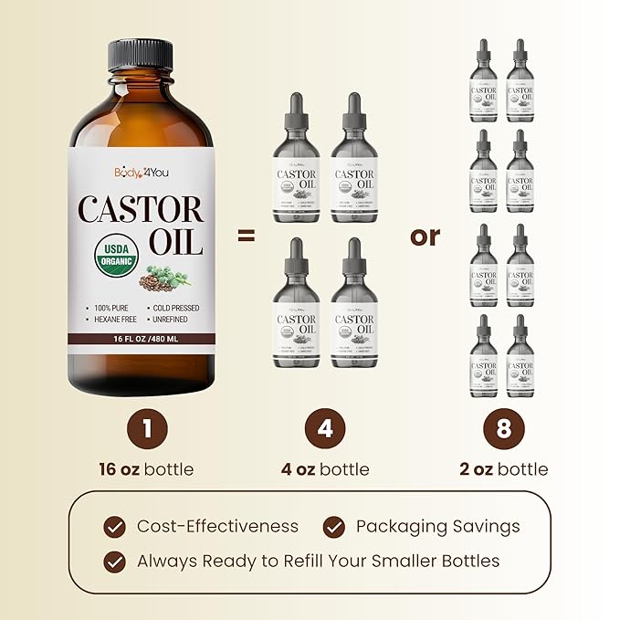 BodyJ4You Castor Oil for Eyelashes Eyebrows - 100% Pure Natural USDA Organic Cold Pressed - Hydrating Skin Hair Growth Oil Lashes Scalp - Non-GMO Hexane Free Unrefined Carrier - Glass Bottle 16 Fl Oz