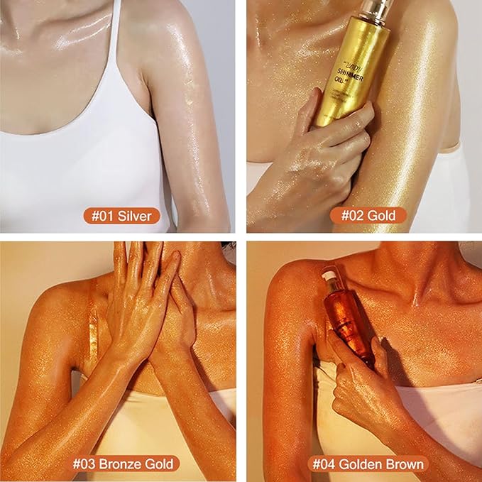 Shimmer Body Oil-Bronze Gold Face Brighten Pearl Highlighter Liquid Illuminator Body Glow Oil,4 Color Bronze Makeup Glitter Body Shimmer Oil with Makeup Brush