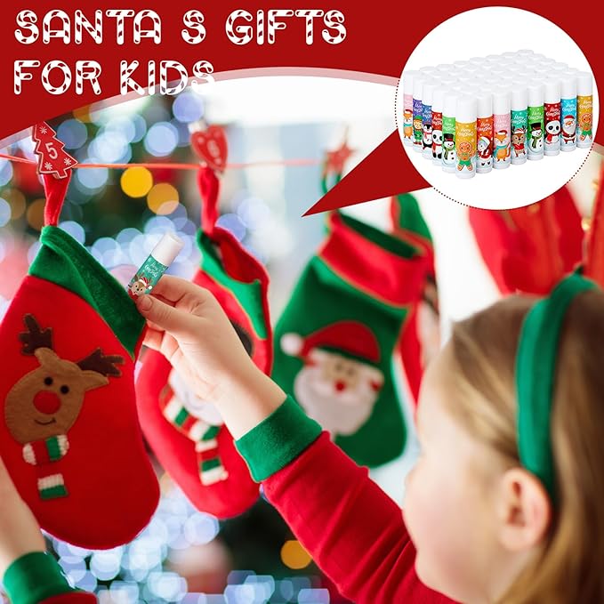 50 Pcs Cute Christmas Lip Balms Gifts Bulk Christmas Stocking Stuffers Holiday Treat Gifts Goodie Christmas Party Supplies for Girls Kids Women Men