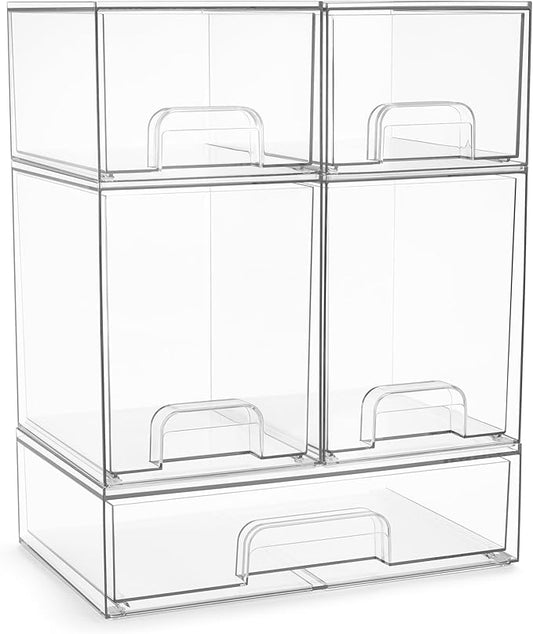 Sorbus Acrylic Storage Containers - 5 Pack, Stackable Storage Bins Set for Bathroom Organization - Clear Acrylic Drawer Organizers - Makeup Case Pull-Out Drawers (7.6’’ and 4.4’’ Tall and 12.1’’ Wide)