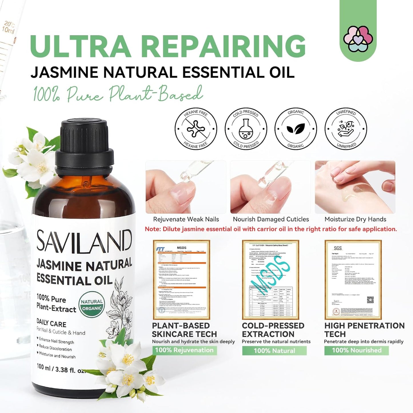 SAVILAND Jasmine Essential Oil for Cuticle Nails Hands: Ultra Repairing Cuticle Oil 100% Pure Plant-Based Nail Strengthener Hand Oils for Dry Hand Damaged Cuticle Weak Nail Care with Travel Bottle