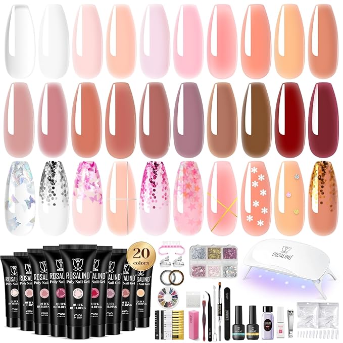 Poly Nail Gel Kit -20 Colors + 76 Nail Art Accessories ROSALIND Nude Clear Poly Nails Gel Kit Starter Kit with Slip Solution Nude Pink Nails Extensions with Mini UV Lamp