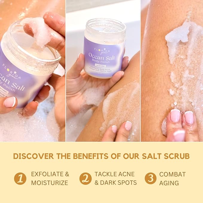 Sea Salt Body Scrub by Florida Suncare - Ocean Salt Body Polish Infused with Marine Algae - Exfoliating Face and Body Scrub - Facial Scrub Exfoliator to Tackle Acne and Scars (Yuzu, 3.3oz)