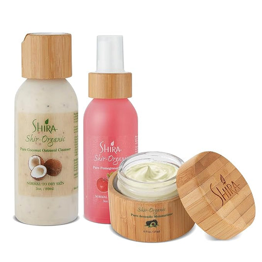 Shira Shir-Organic Trio for Normal to Dry Skin Care Kit for Healthy and Hydrated Skin With Coconut Oatmeal Cleanser(89ml) Pomegranate Toner (89ml) & Avocado Moisturizer(15ml)