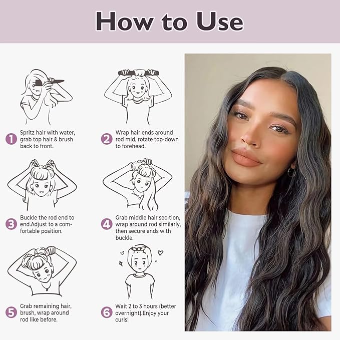 Overnight Hair Curlers Heatless Curls - 6 Pcs No Heat Blowout Curling Rods to Sleep In with Satin Hair Scarf