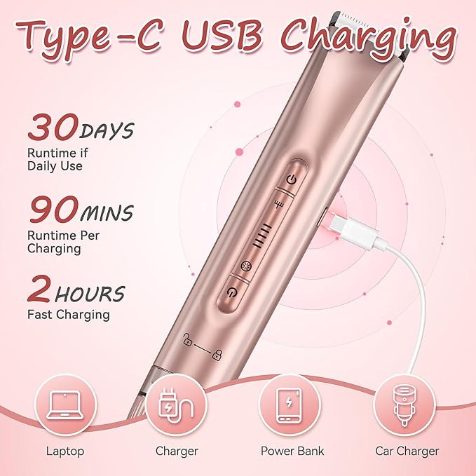 Bikini Trimmer for Women - 2 in 1 Electric Body Hair Trimmer for Silky Skin, Cordless Body Shaver for Travel, IPX7 Waterproof & Easy to Clean, Replaceable Ceramic Blade Heads, Rose Gold