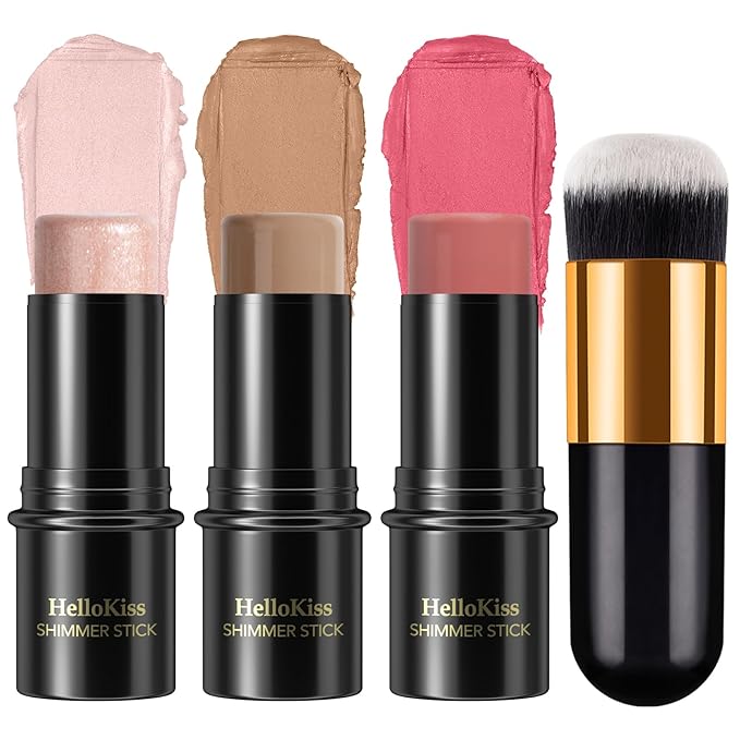 3 Pcs Face Contour Stick Kit, Matte Finish Face Stick Trio with Bronzer Blush Highlighter and Brush, Long Lasting Waterproof Cream Beauty Wand Makeup Set for Sculpt Glowing Face Look (#3, 9, 12)