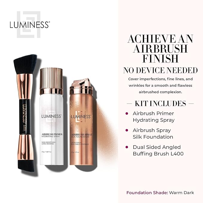 LUMINESS Airbrush Spray Silk Foundation Starter Kit - Warm Dark - Foundation, Primer & Dual-Sided Angled Buffing Brush - Medium, Buildable Coverage, Anti-Aging Formula Hydrates & Moisturizes