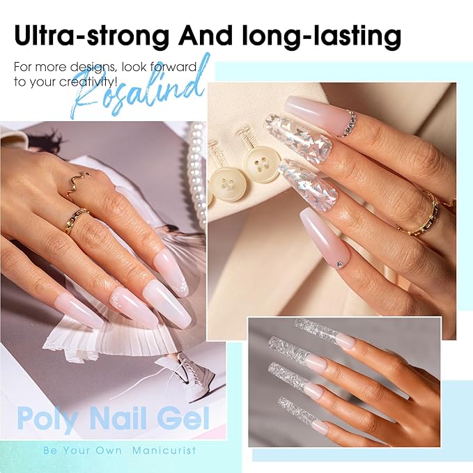 ROSALIND Poly Nail Gel Kit -12 Colors + Nail Art Accessories Kit Summer Neon Poly Nails Gel Kit Starter Kit With Slip Solution Pro Bright Colors Nail Extensions Gel Set with Mini UV Lamp