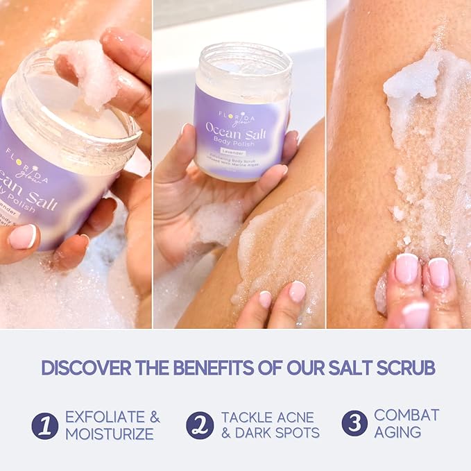 Sea Salt Body Scrub by Florida Glow - Ocean Salt Body Polish Infused with Marine Algae - Exfoliating Face and Body Scrub - to Tackle Acne and Scars for Smooth Soft Skin (Lavender, 12.1 oz)