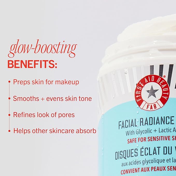 First Aid Beauty - Facial Radiance Pads with Gycloic & Lactic Acids – Daily Exfoliating Pads with AHA that Help Tone & Brighten Skin – Makeup Routine Prep - Compostable for Daily Use – 90 Count
