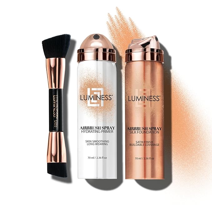 LUMINESS Airbrush Spray Silk Foundation Starter Kit - Medium Dark - Foundation, Primer & Dual-Sided Angled Buffing Brush - Medium, Buildable Coverage, Anti-Aging Formula Hydrates & Moisturizes