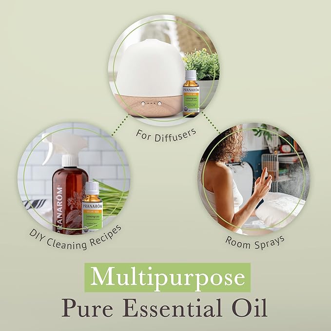 Pranarom USDA Certified Organic Lemongrass Essential Oil (30ml), 100% Pure Undiluted Therapeutic Grade from India for Aromatherapy, Diffuser, Meditation, Massage, Relaxation, Citrus - Lemon