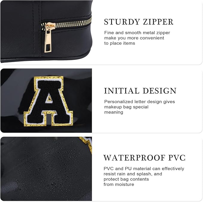 YOOLIFE Initial Make Up Bag Travel Toiletry Bag for Women, Clear Makeup Bag Organizer Cosmetic Bags Travel Essentials Gifts for Women Teen Girlfriend Teacher Mom Birthday Mothers Day Gifts Black I