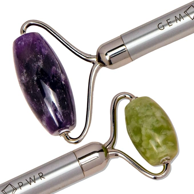 Amethyst + Jade Roller for Face and Neck Massage, Dual Gemstones with Durable Steel Handle and Travel Bag. Minimize Wrinkles, Reduce Puffiness and Restore Skin's Elasticity and Radiance