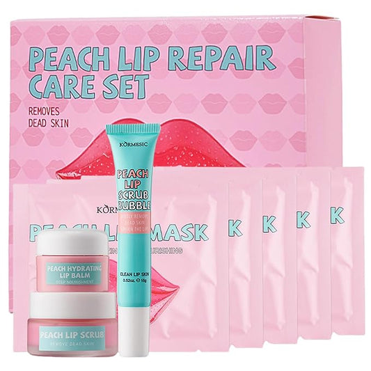 4 In 1 Peach Lip Care Kit With Lip Exfoliator Scrub And Moisturizer, Peach Scrub Bubble, Hydrating Lip Mask, Lip Scrubs Gentle Exfoliating, Instant Moisturizing, Lip Balm Hydrating For Very Dry Lips