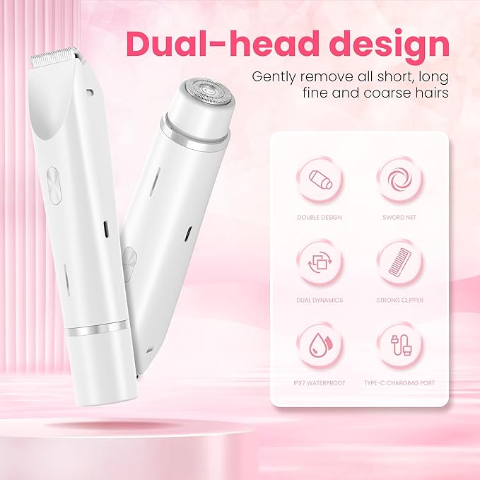 Bikini Trimmer for Women-2 in 1 Electric Razors for Women,USB Rechargeable Bikini Electric Shaver,IPX7 Waterproof Dry & Wet Use Body Hair Trimmer and Facial Hair Remover for Underarm Leg Body,White