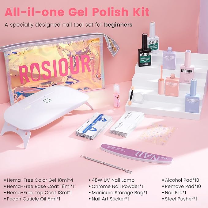 Gel Nail Polish Kit with U V Light, Hema-Free White Light Nude Pink Summer Gel Polish Set with Base & Top Coat Chrome Nail Powder, 4 Colors Mini Salon Nail Art Starter Gift for Women Girl