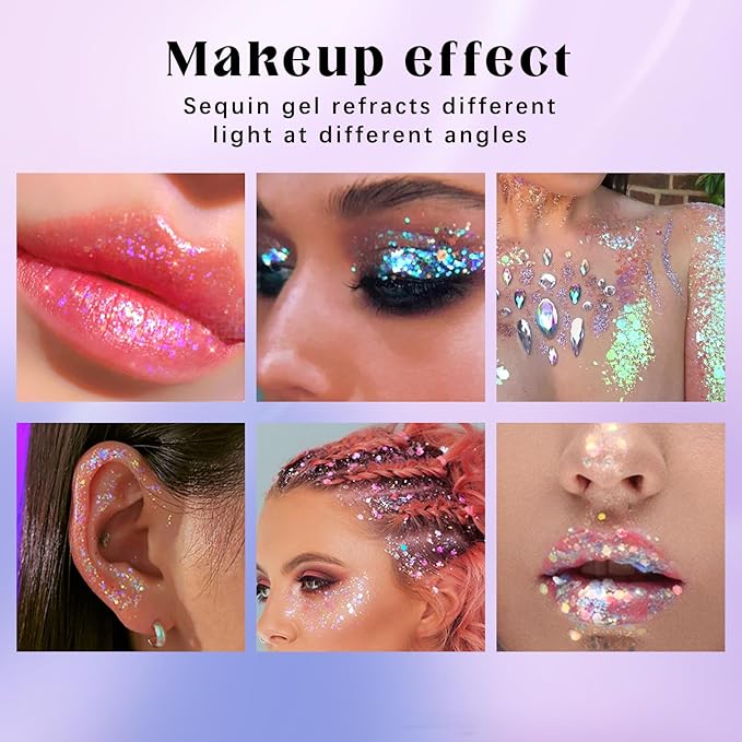 2 Colors Roll-on Body Glitter Gel, Holographic Glitter Gel Under Light for Face Hair, Body Shimmer for Rave Accessories Christmas New Year Halloween Makeup (11+13)
