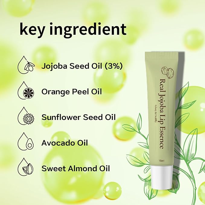Real Jojoba Lip Essence Serum Moisturizing Formula - Natural Ingredients, Hydrating, Anti-Aging, Non-Sticky, 0.5 Fl oz Travel Size