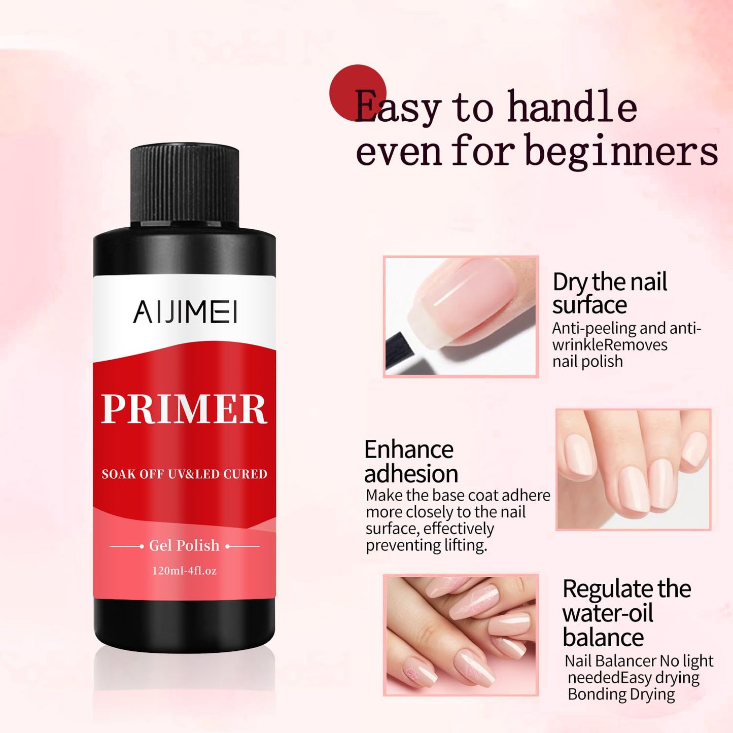 AIJIMEI 120ml Rapid-Dry Nail Primer, Nail Primer for Stronger Nails Enhances Adhesion & Shine Primer for Nail, Sensitive Skin Nail Care Compatible with All Polishes Nail Art 4fl.oz