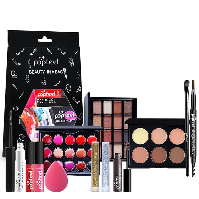 All-in-one Holiday Makeup Gift Set | Full Makeup Kit for Women Multipurpose Essential Bundle Include Eyeshadow Palette Lipstick Blush Concealer Face Powder Eyeliner Mascara Lipgloss Brush