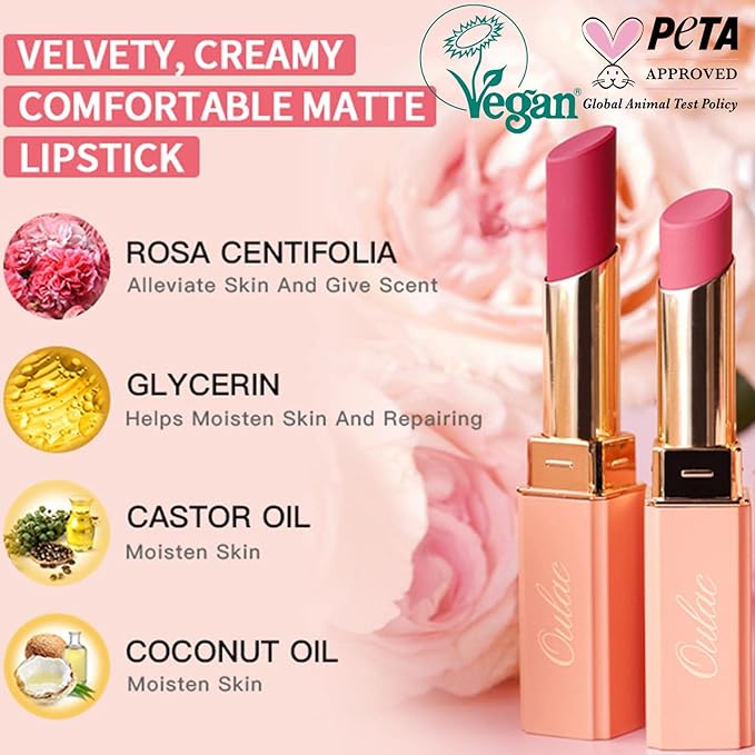 Oulac Nude Matte Lipstick for Women, Lipstick & Blush Duo, Peach Creamy Soft Satin Finish Lipsticks, Moisturising Formula, Rich Color Lightweight Lip Balm, Rose Oil, Vegan & Cruelty-Free| 3.6g (Y08)