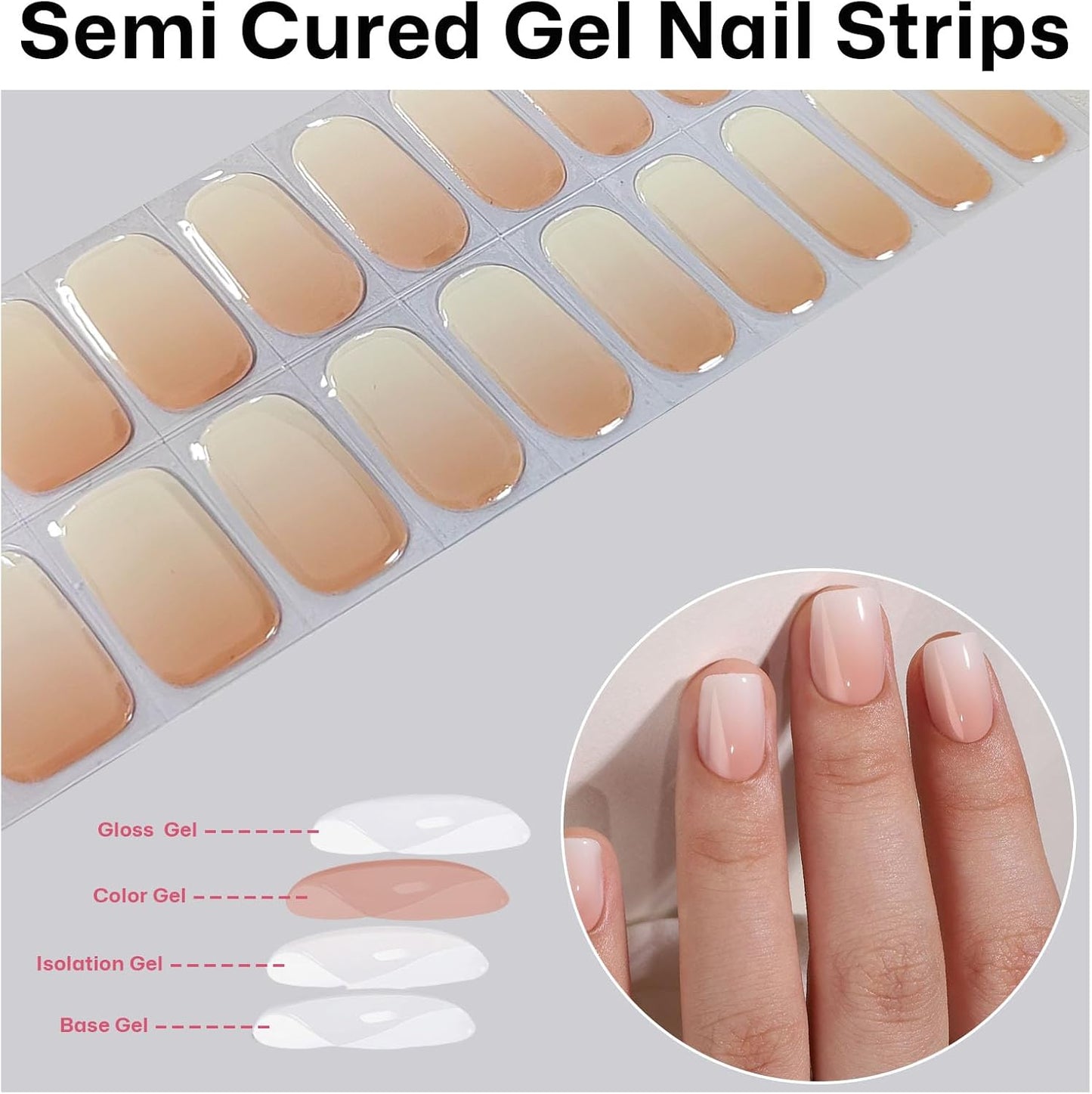 Semi Cured Gel Nail Strips Nude Ombre Gel Nail Strips Glossy Stickers Wraps Need UV/LED Light Salon Quality & Easy to Use for Women 20 Pcs