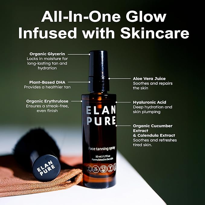 Face Tanning Mist, Organic Ingredients, Sunless Self Tanner, Bronzing, Hydrating, Steak-Free, Long Lasting Glow
