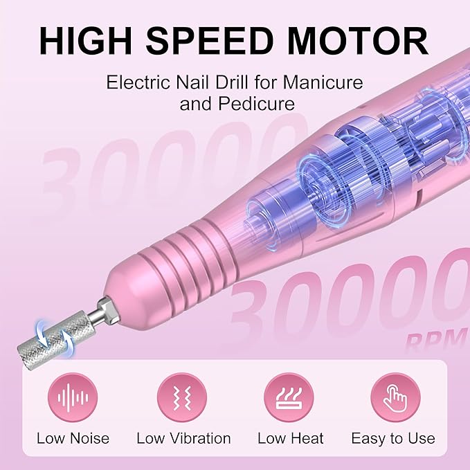 Professional Electric Nail Drill File:COSYGLOW Glitter Portable Cordless E-File Nail Drill Kit with 11 Drill Bits,30000 RPM Rechargeable Nail Drills Machine for Acrylic Nails Gel Polishing (Pink)