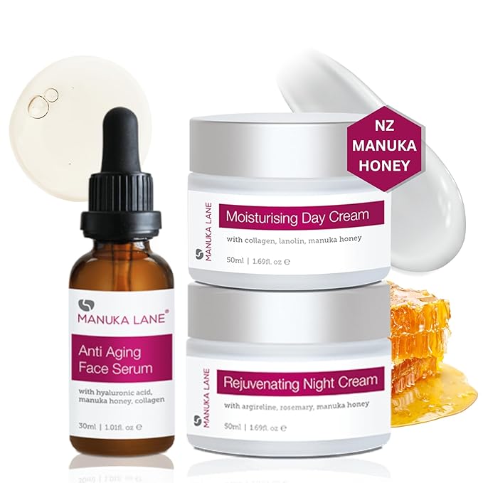 Manuka Honey Complete Skin Care Regimen | Includes (1) Moisturising Day Cream, (1) Anti Aging Face Serum, (1) Rejuvenating Night Cream | Powerful, Safely Derived, and Natural Ingredients.