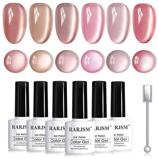 RARJSM Nude Glitter Cat Eye Gel Nail Polish Set 6Pcs Ceramics Pink Light Purple Brown Velvet Shimmer Smoothie Cateye Gel Polish with Magnetic Stick UV LED Curing Require Home Salon Nail Design