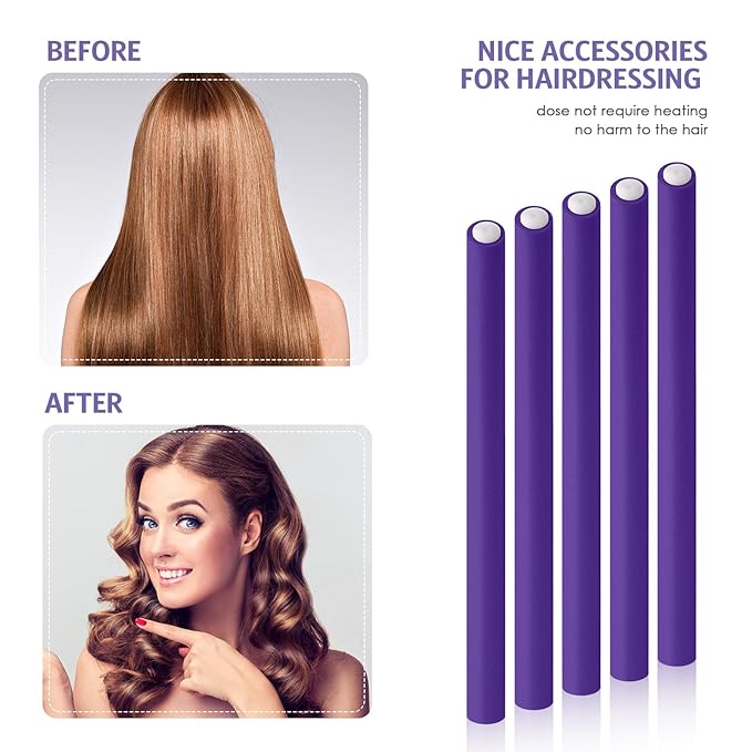 Syhood 30 Pcs 7'' Flexible Curling Rods Twist Foam Hair Rollers Soft Foam No Heat Hair Rods Rollers and 1 Steel Pintail Comb Rat Tail Comb for Women Long Short Hair(Purple,7 x 0.47 Inch)