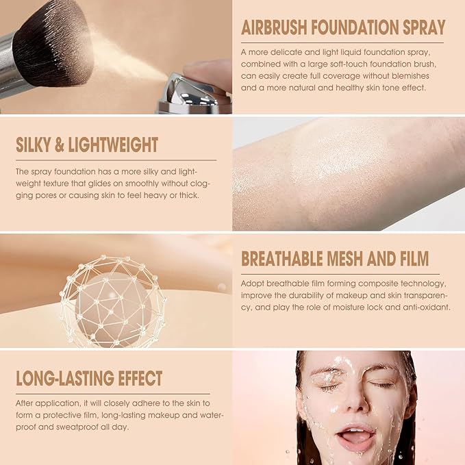AirBrush Foundation Spray, Silky Mist Foundation Spray Makeup Set with Brush, Full Coverage Foundation for Smooth Radiant Finish, Formula Breathable Lightweight Hydrating | #A01 Ivory