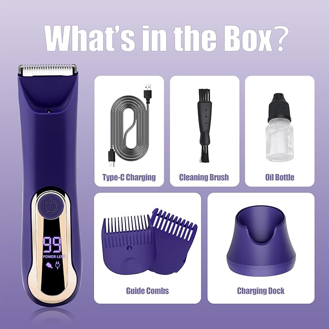 Bikini Trimmer for Women,Electric Razors for Women & LED Display,Wet/Dry Pubic Body Hair Trimmer,IPX7 Waterproof-Easy Cleaning Body Shaver Bikini Razor,Ceramic Blade,Women's Gifts,Purple