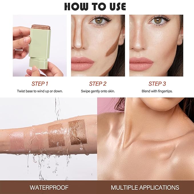 Cream Contour Stick, Face Cream Bronzer Makeup Stick Shimmer Highlighters Body Stick Blendable Long Lasting Highlighter Stick Silky Smooth Formula (3#, Rich Glow)