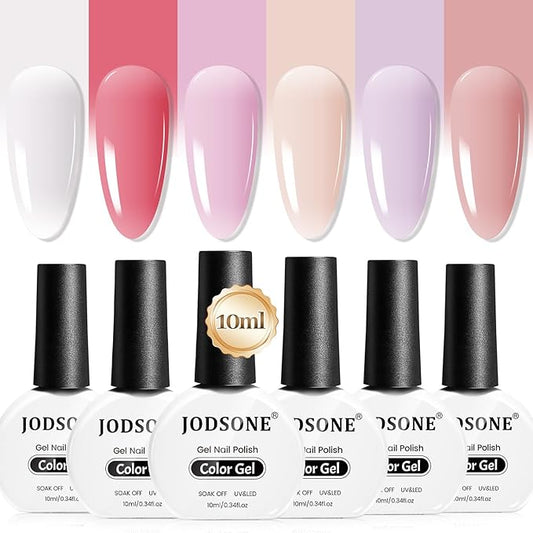 JODSONE 10ml Jelly Gel Nail Polish Set 6 Pale Colours White Pale Red Soft Pink Natural Nude Pale Purple Fresh Pink Purple All Seasons Neutral Soak off LED Lamp Gel Manicure Set for Nail Art