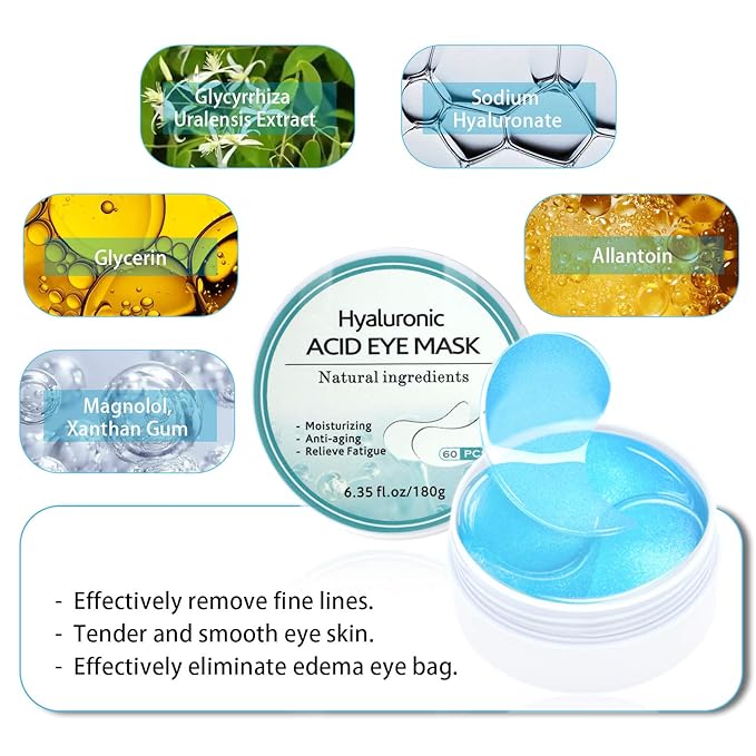 Under Eye Patches for Puffy Eyes: 60PCS Collagen Eye Gels Pads - Blue Hyaluronic Acid Under Eye Mask - Reduce Dark Circles & Bags - Skin Eye Care Products