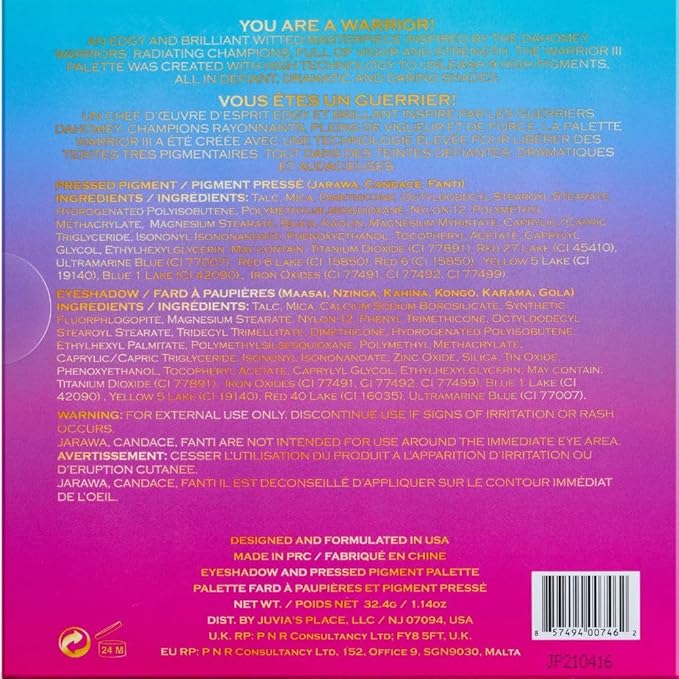 Juvia's Place Palette The Warrior III - Deep Emerald Green, Red, Violet, Cerulean Blue, Shades of 9, Pigmented Makeup Palette Eye Color & Shine