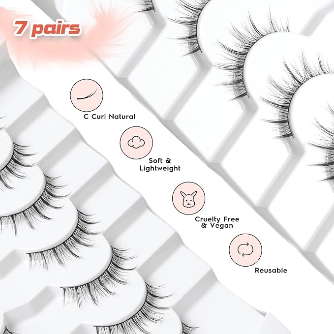 Manga Lashes Natural False Eyelashes 10MM Short Anime Lashes Thin Band Korean Lashes 3D Volume Strip Lashes Wispy Manhua Eyelashes 7 Pair Asian Lashes Siligli