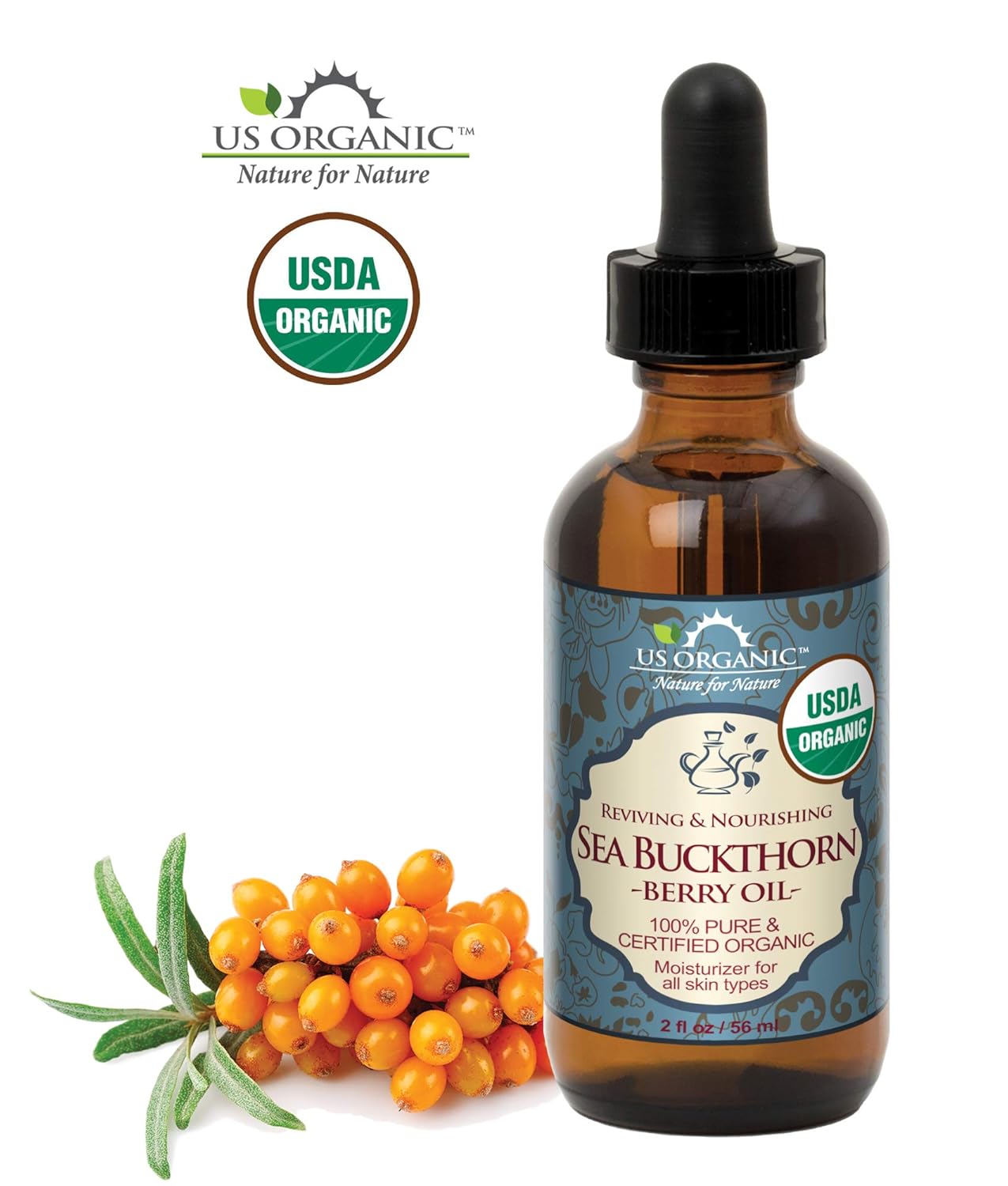 US Organic Sea Buckthorn Berry (Fruit) Oil, Supercritical CO2 extracted, USDA Certified Organic,100% Pure Virgin, Unrefined in Amber Glass Bottle, Face, Hair, spot Treatment, Anti Aging, 2 oz (56 ml)