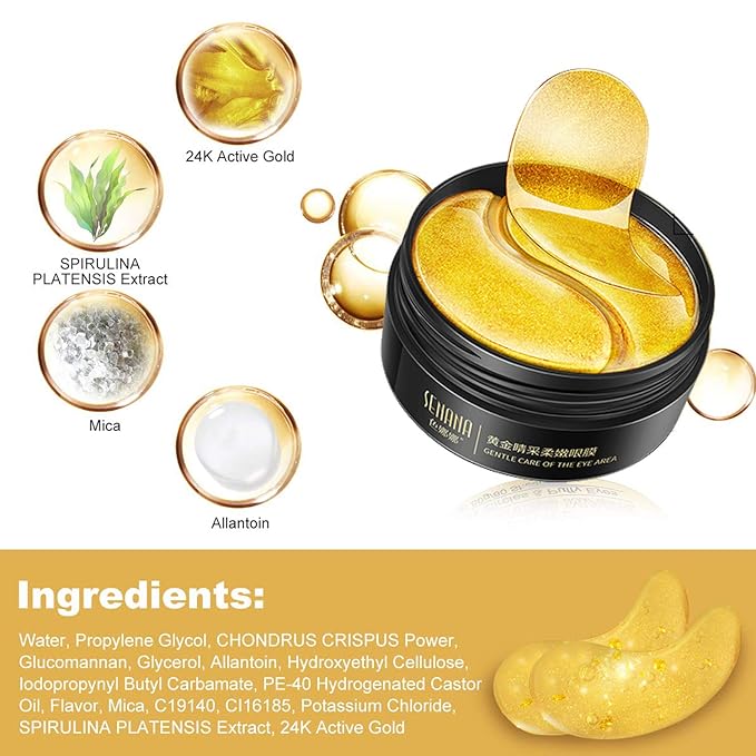 Under Eye Collagen Patch, 24K Gold Anti-Aging Mask, Pads for Puffy Eyes & Bags, Dark Circles and Wrinkles, with Hyaluronic Acid, Hydrogel, Deep Moisturizing Improves elasticity, 30 Pairs
